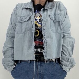 Vintage Wrangler Men's 2X Denim Chambray Western Button Up Shirt Cropped Fringe